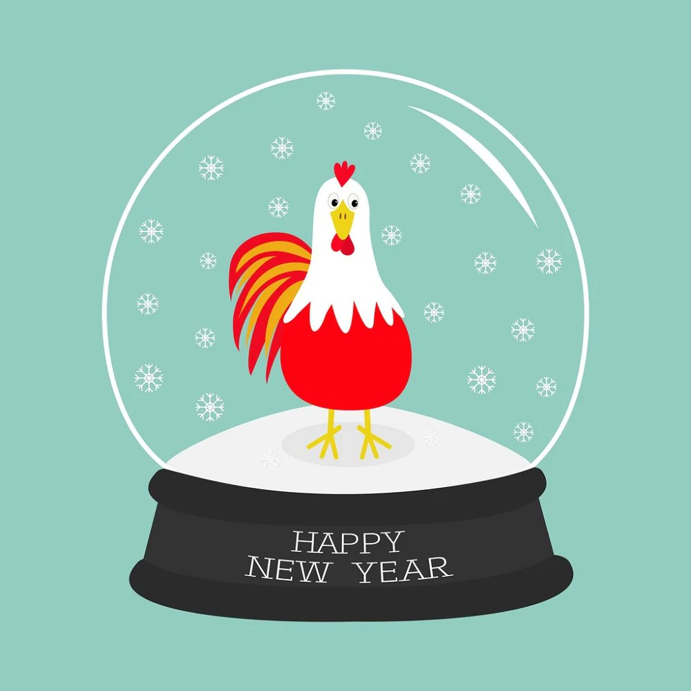 Rooster Snow Globe Fabric Panel - Blue