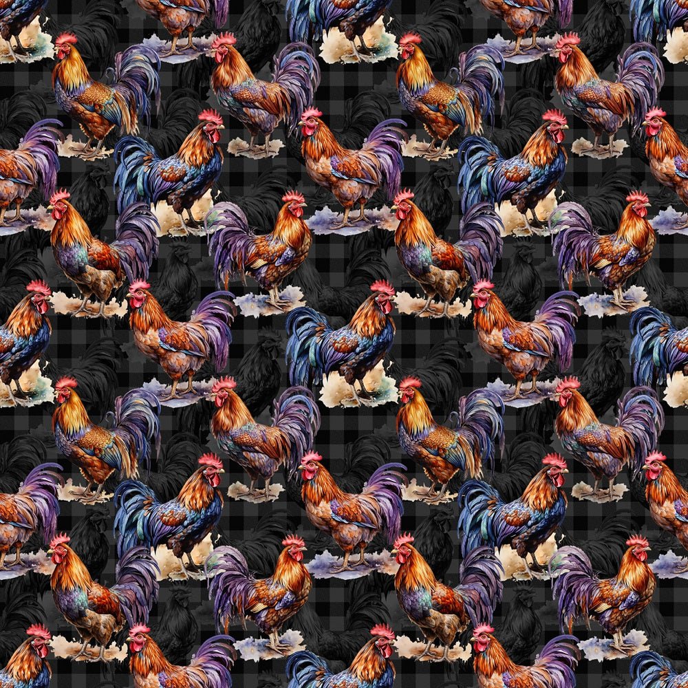 Roosters On Black Plaid Fabric