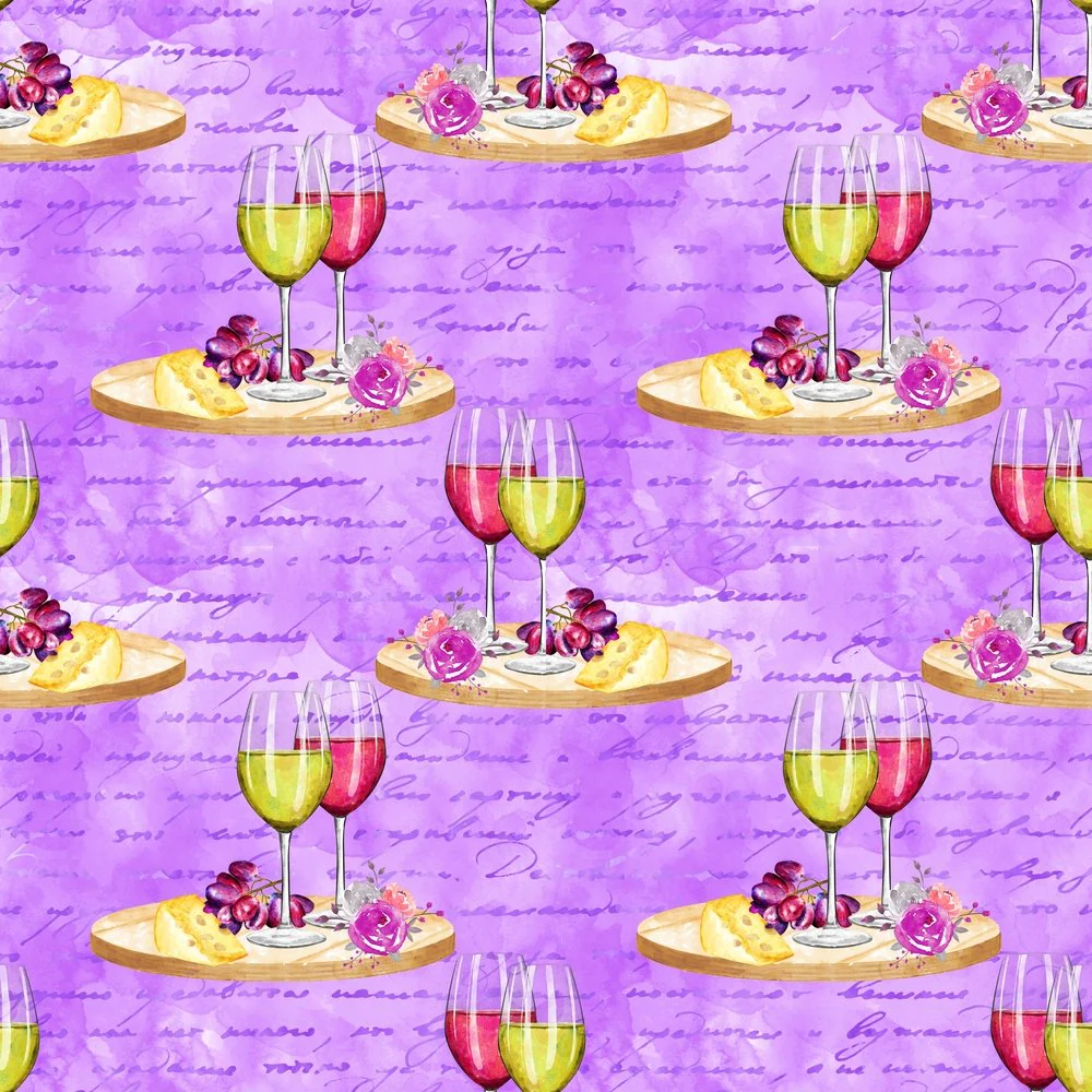 Rose and Wine Glasses on Text Fabric - Purple