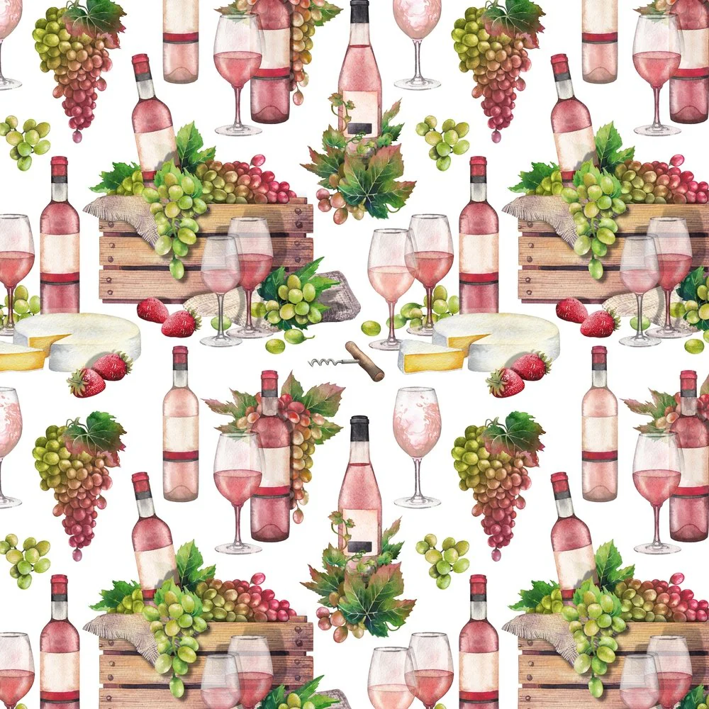 Rose Wine With Fruits And Cheese Fabric - White