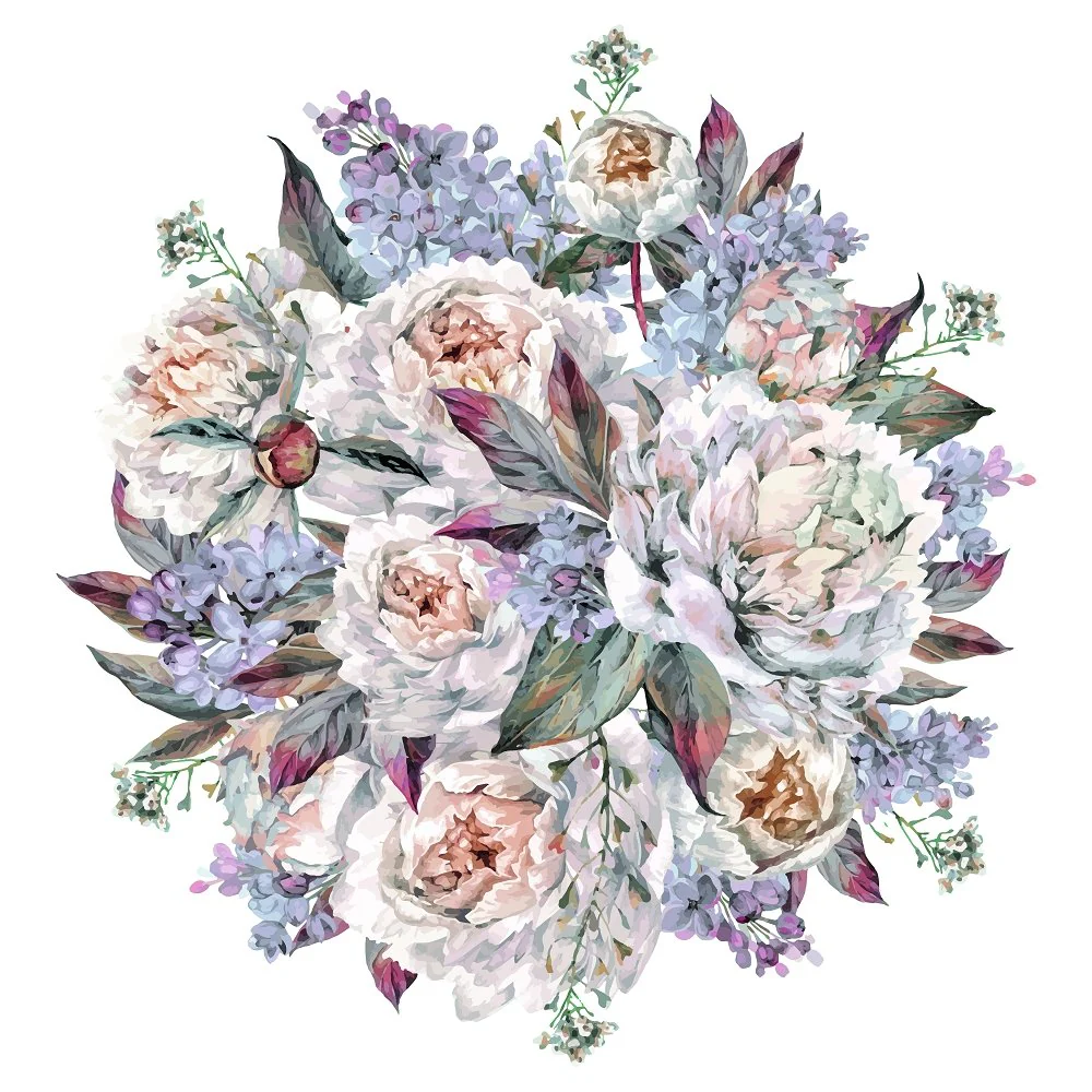 Rounded White Peonies & Lilac Fabric Panel