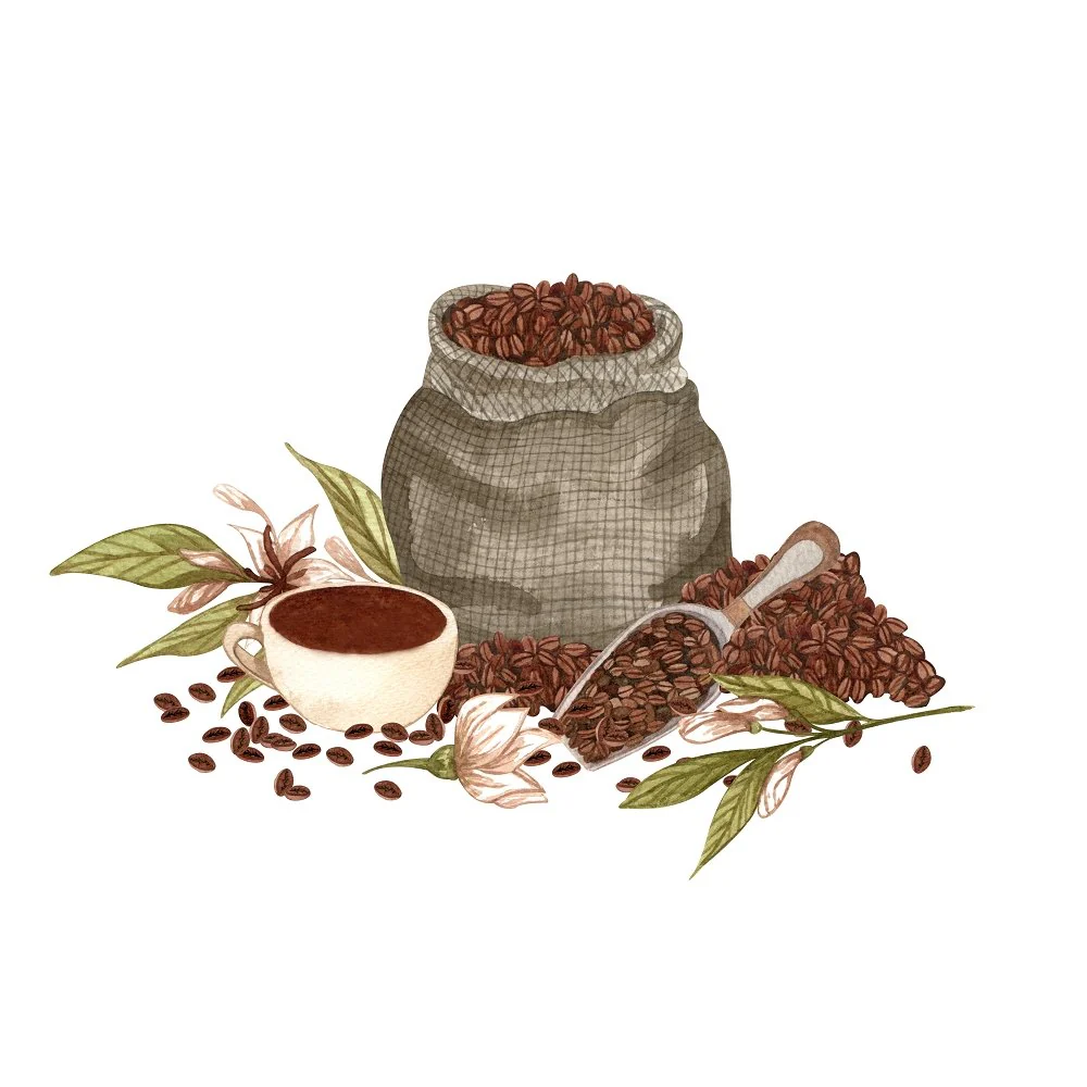 Sack of Coffee Bean and Flowers Fabric Panel