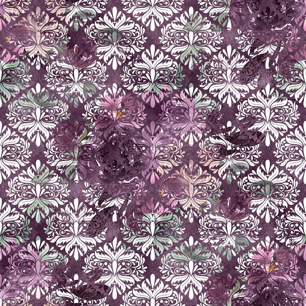 Sangria Dreams Flowers on Damask Fabric - Purple