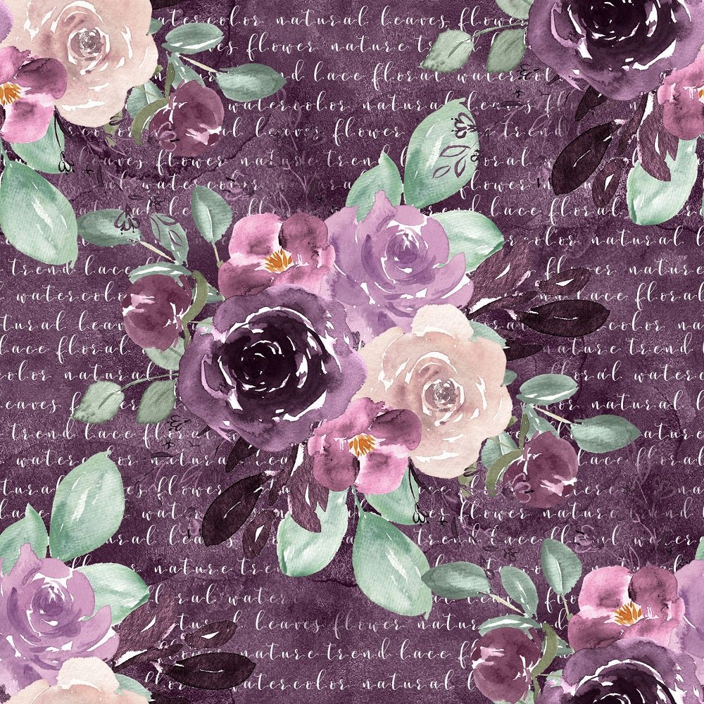 Sangria Dreams Flowers on Text Fabric - Purple