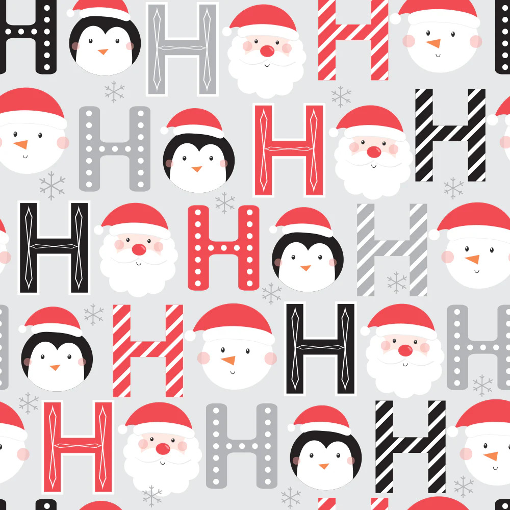 Santa, Penguin, and Snowman Fabric - Gray
