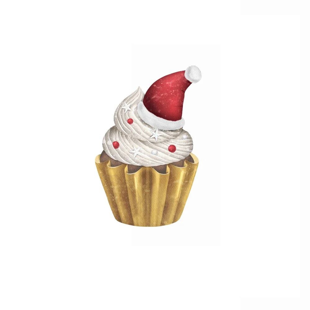 Santa's Hat Cupcake Fabric Panel - White