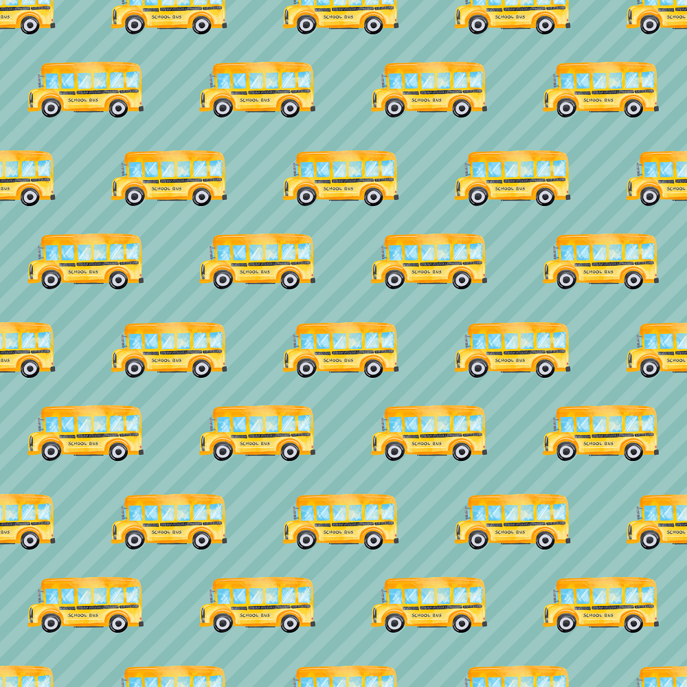 School Bus on Horizontal Striped Fabric - Teal