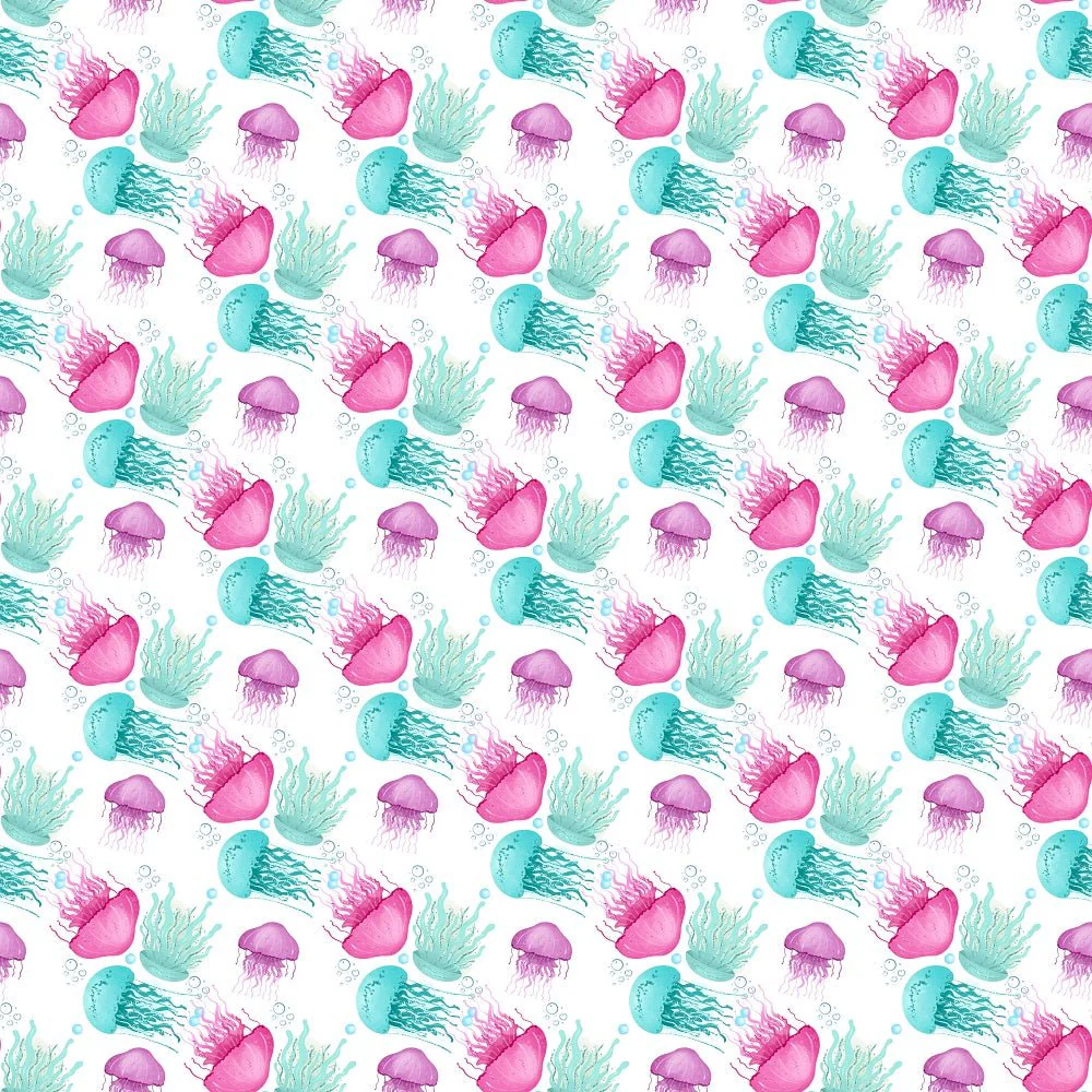 Sea Jellyfish Pink and Light Blue Fabric - White