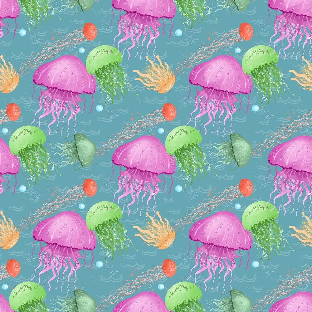 Sea Jellyfish Smack Fabric - Dark Blue