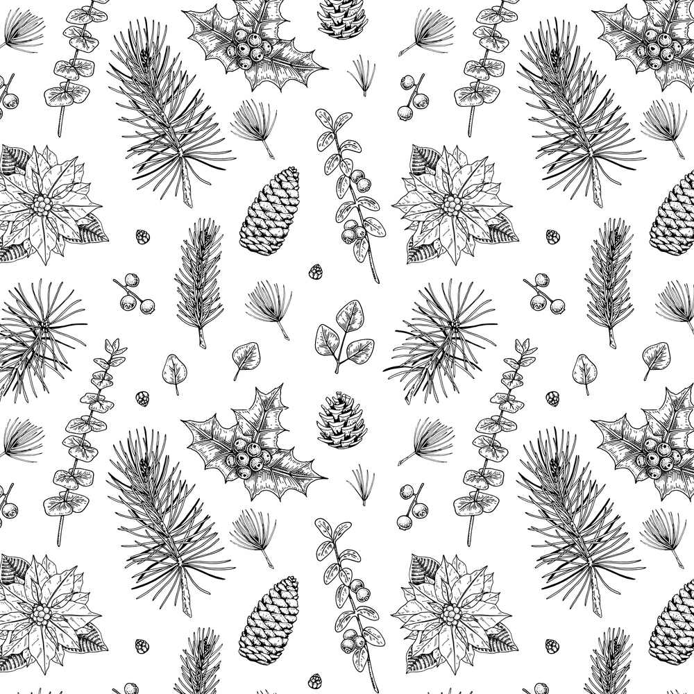 Sketched Christmas Plants Fabric - White