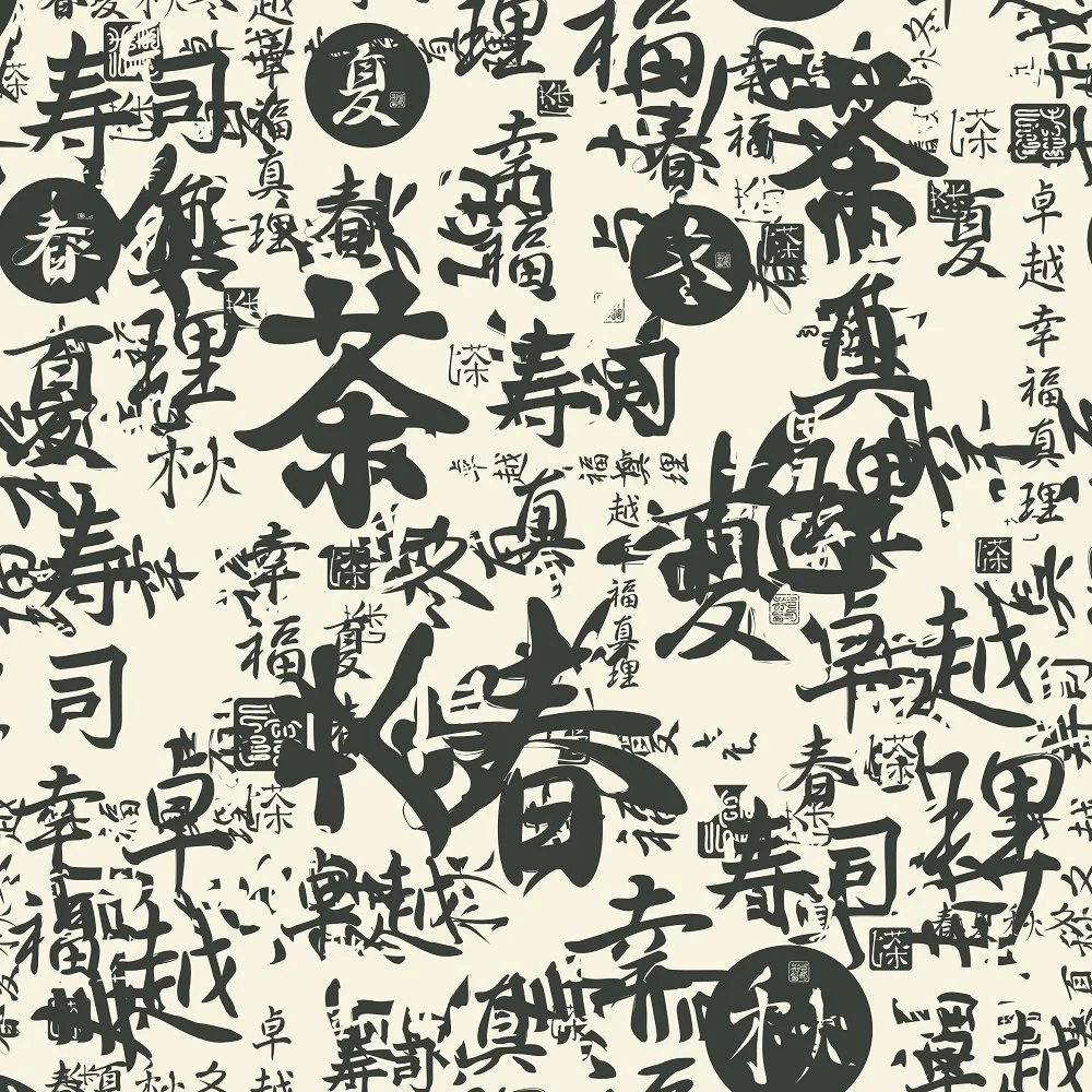 Sketched Japanese Symbols Fabric - Black