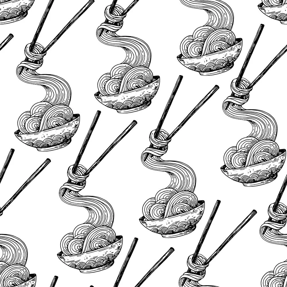Sketched Noodles & Chopsticks Fabric