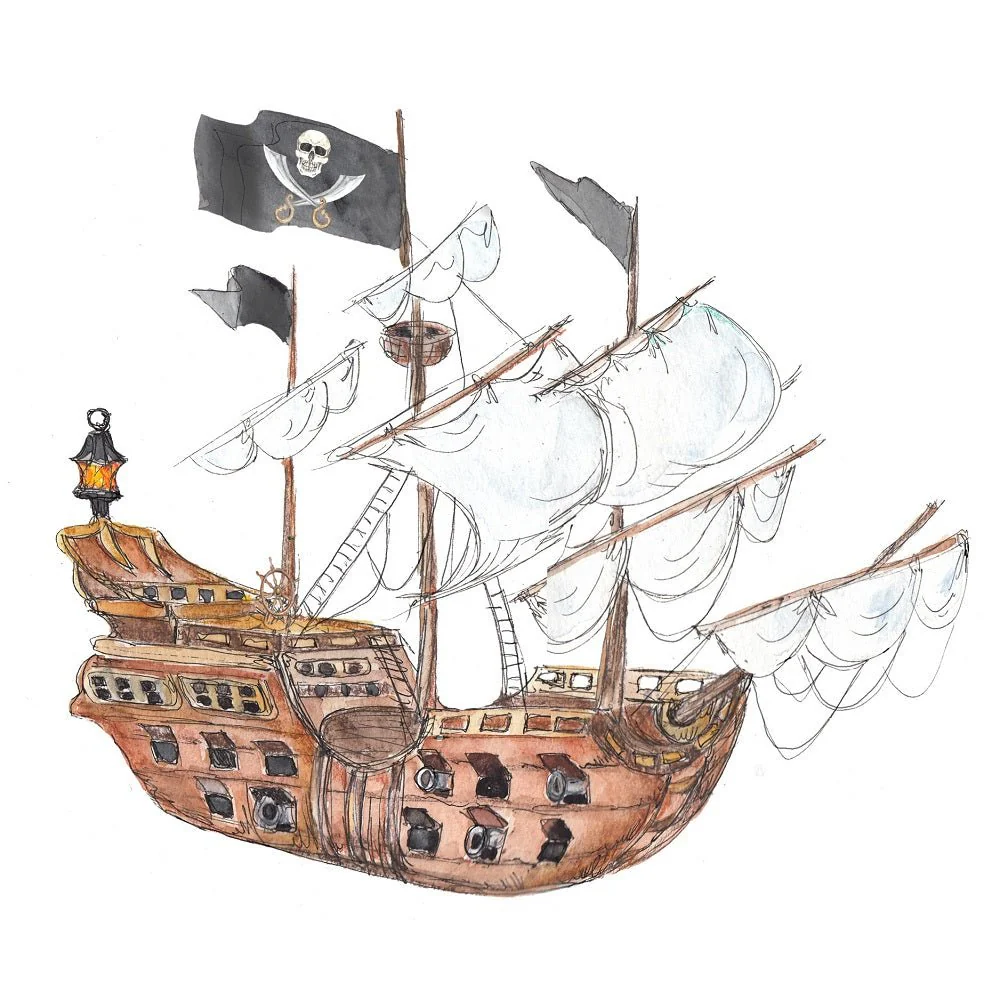 Sketched Pirate Ship Fabric Panel - Version 1