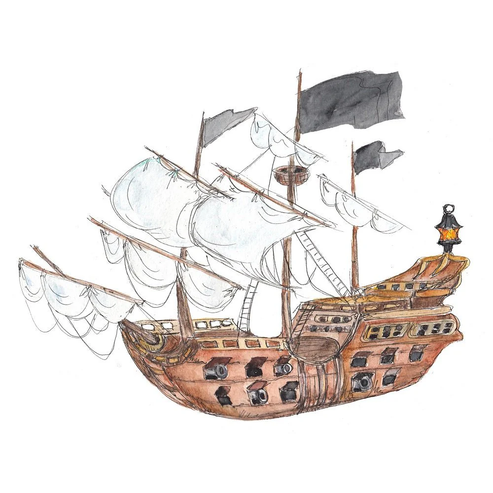 Sketched Pirate Ship Fabric Panel - Version 2