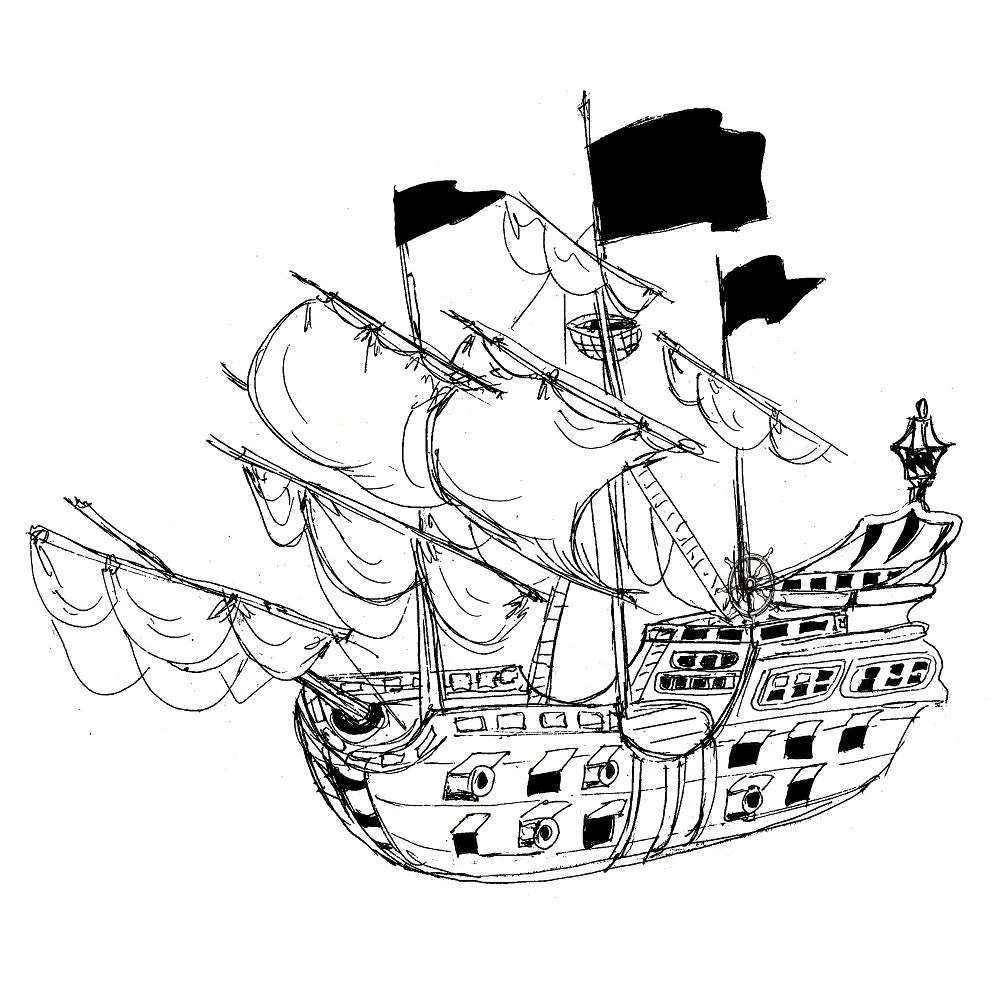 Sketched Pirate Ship Fabric Panel - White
