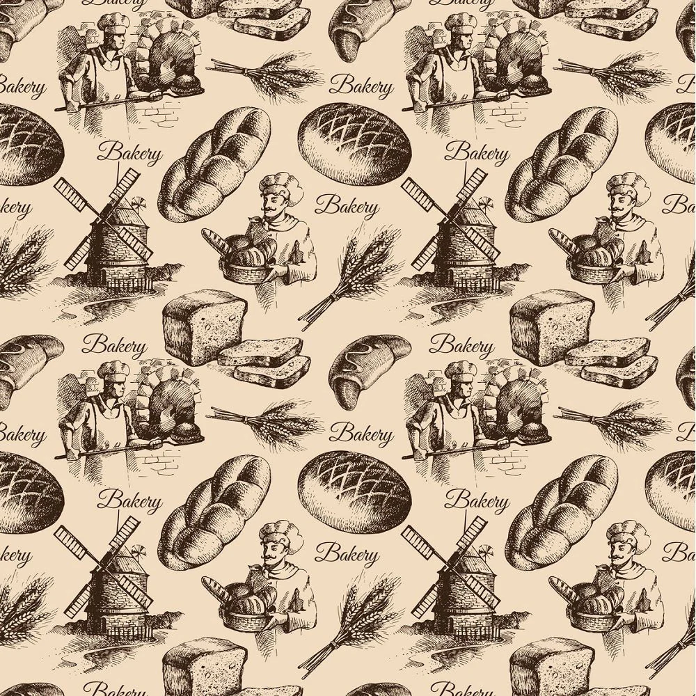 Sketched Vintage Bakery Allover Fabric - Brown