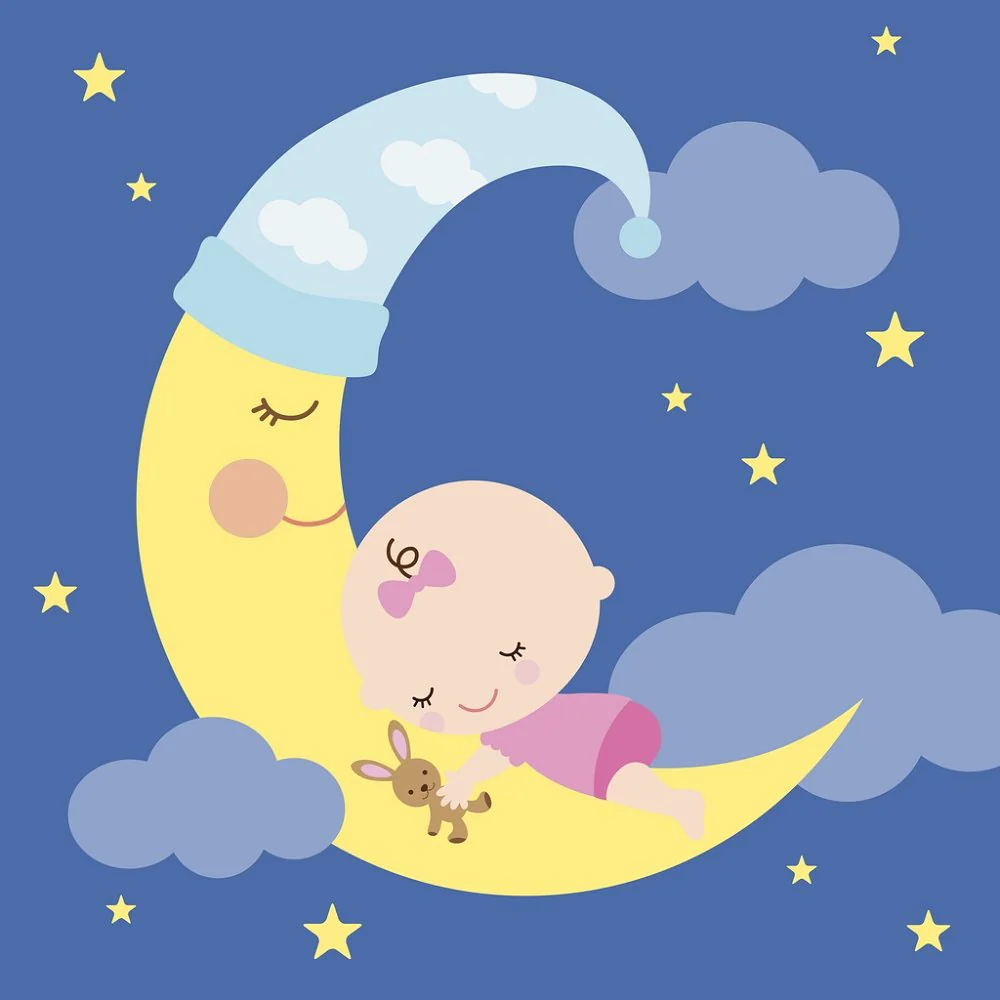 Sleeping Baby Girl On The Moon Fabric Panel