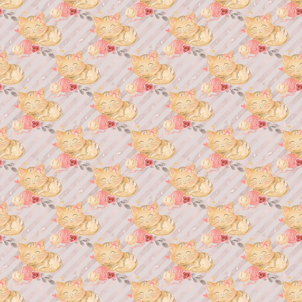 Sleeping Cat on Striped Fabric - Grey