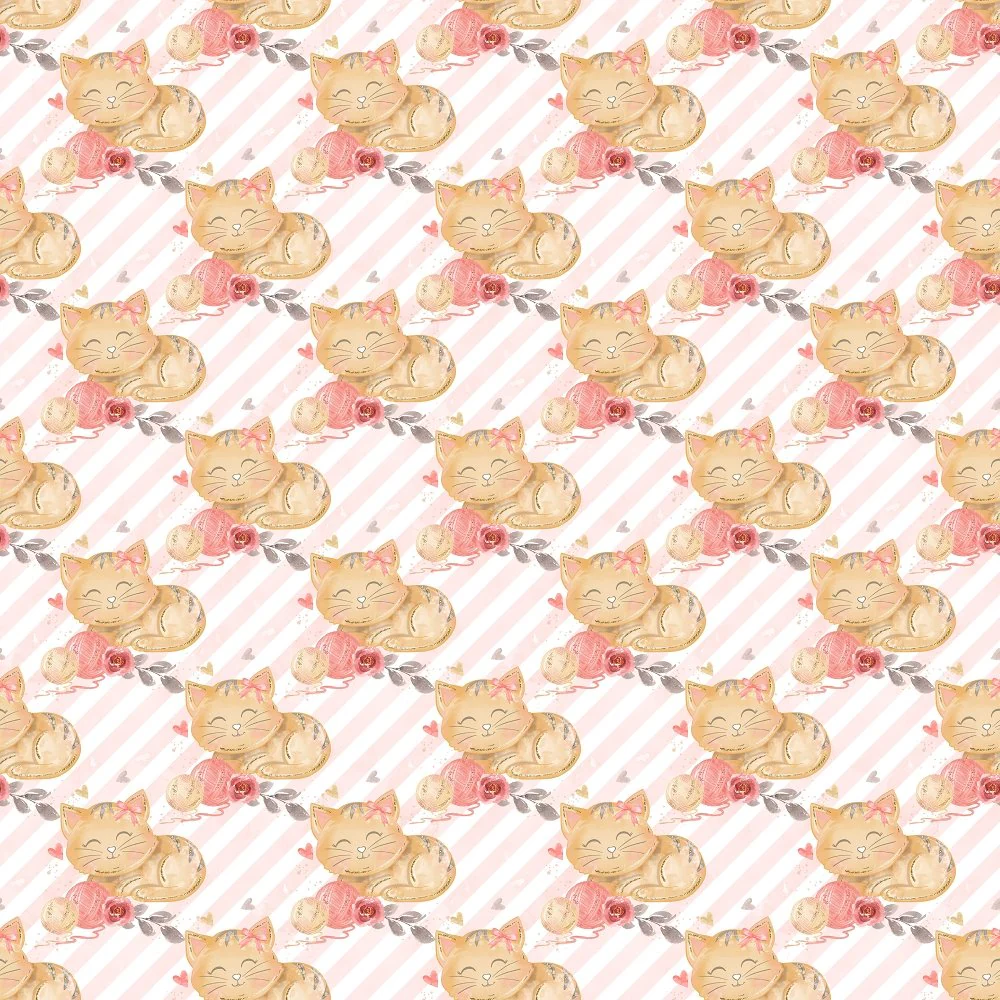 Sleeping Cat on Striped Fabric - Pink