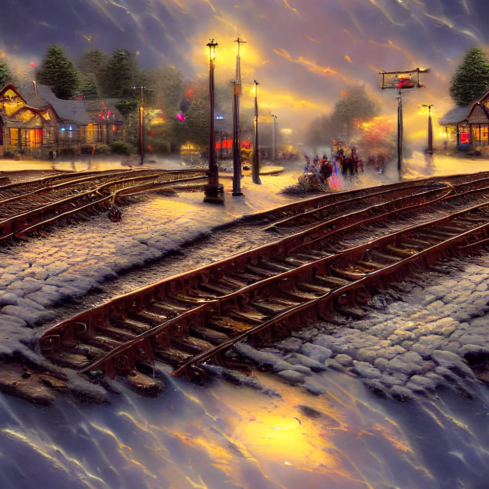 Snow Covered Railroad Tracks Fabric