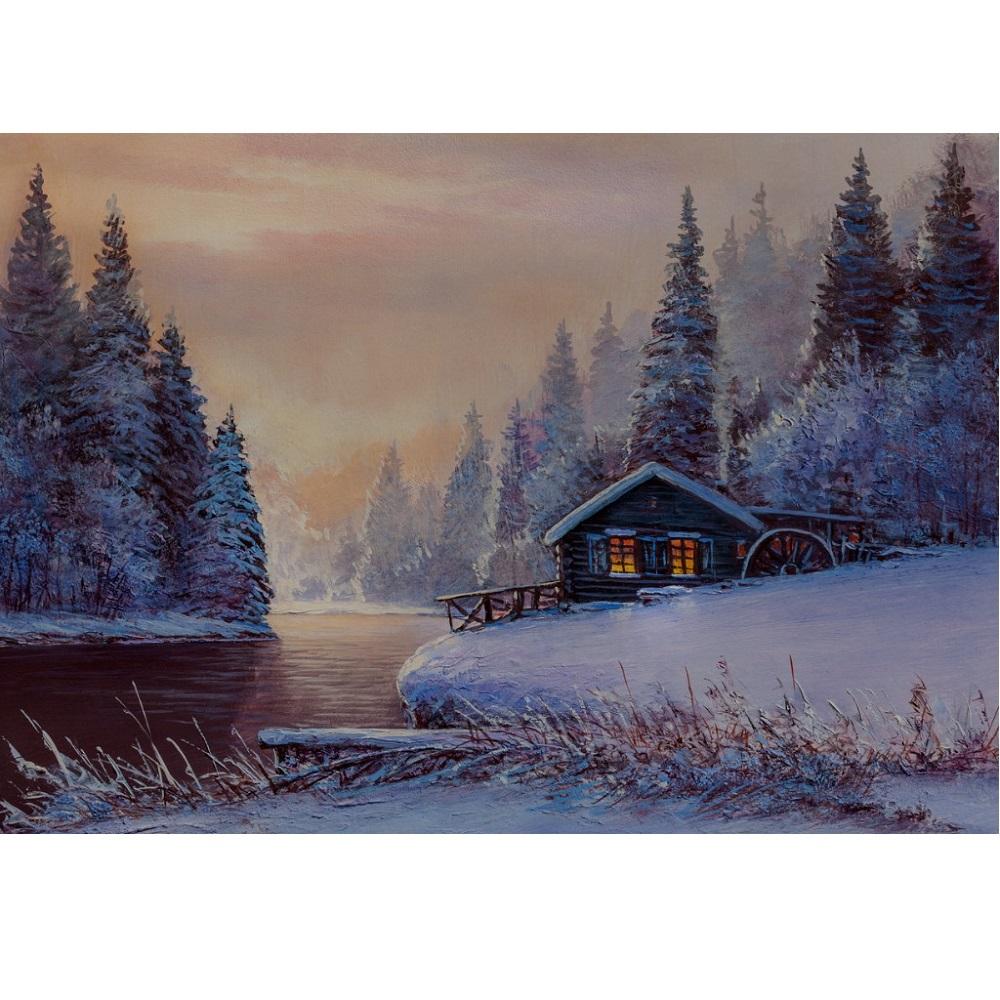 Snow-Covered Water Mill Fabric Panel
