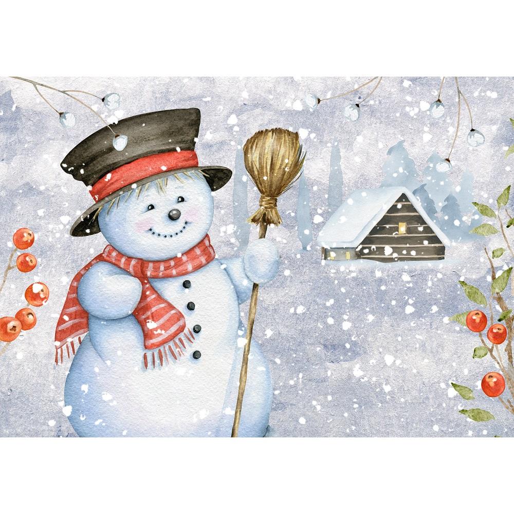 Snowman With Snow-Covered Cabin Fabric Panel