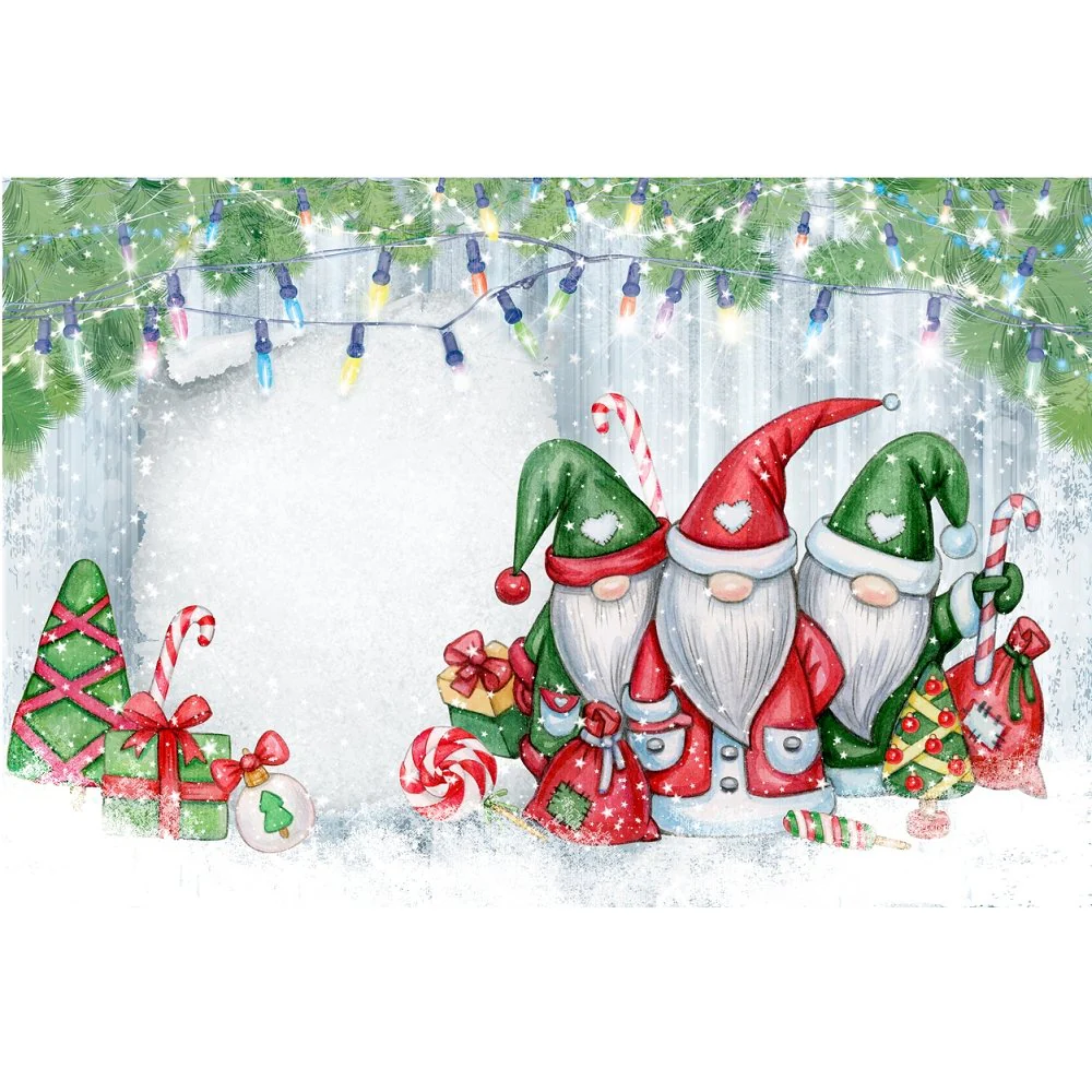Snowy Christmas Gnomes Christmas Card Fabric Panel - Gray