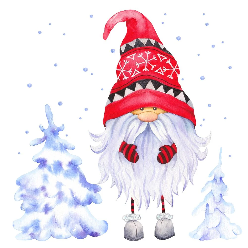 Snowy Forest Gnome Fabric Panel - White