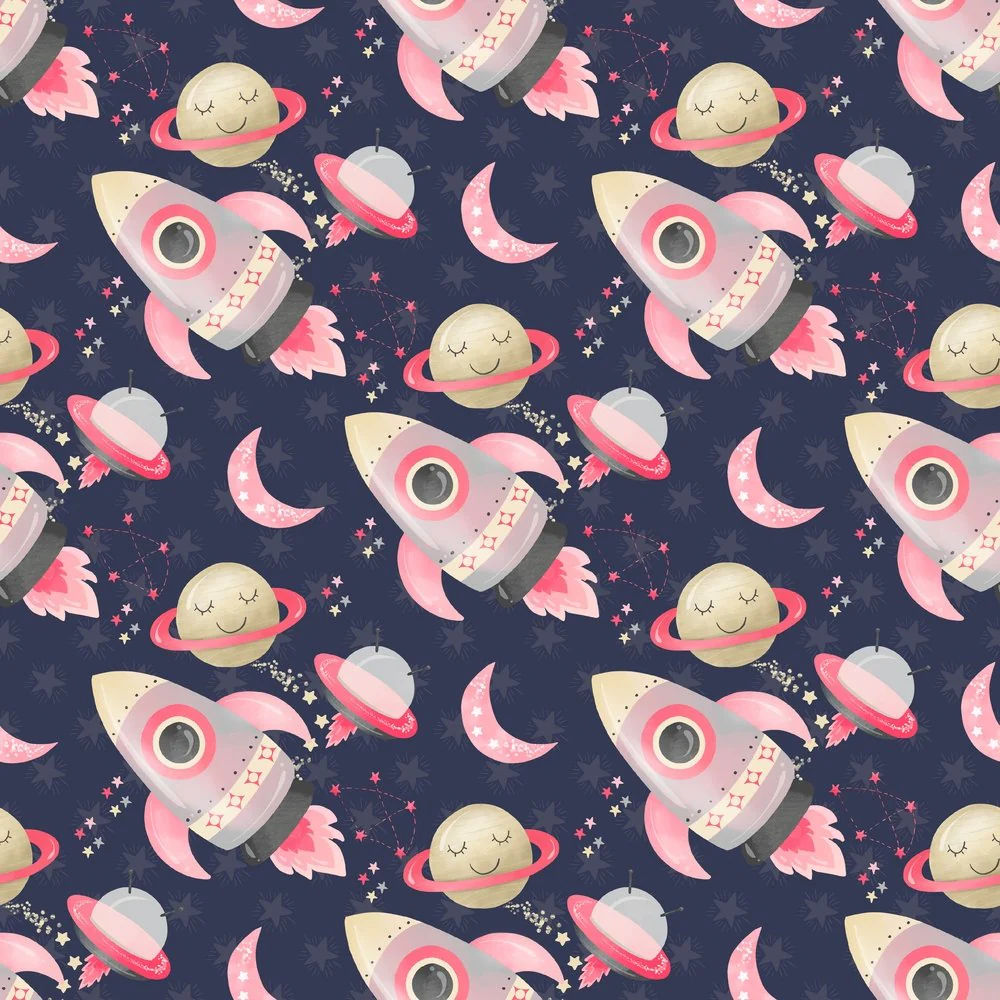 Space Girls Rocket Ships Fabric - Navy