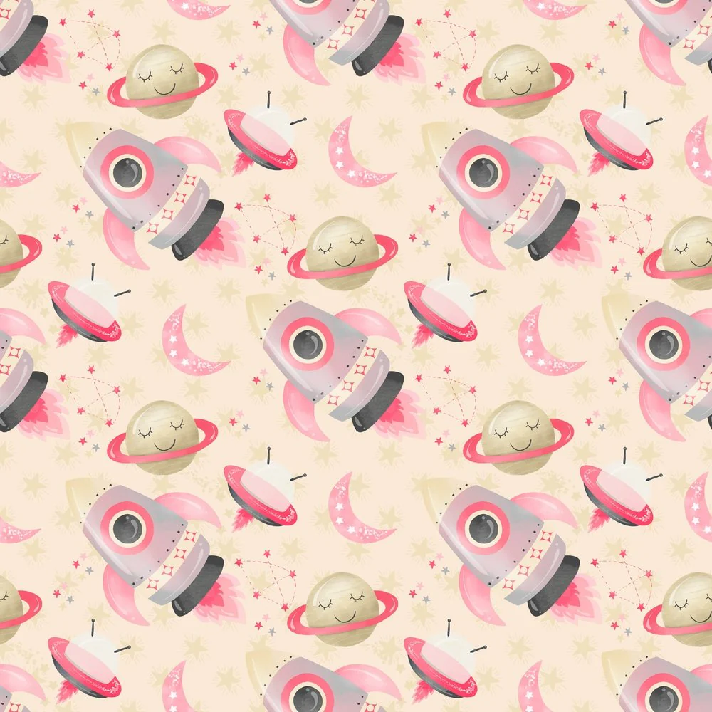 Space Girls Rocket Ships Fabric - Yellow