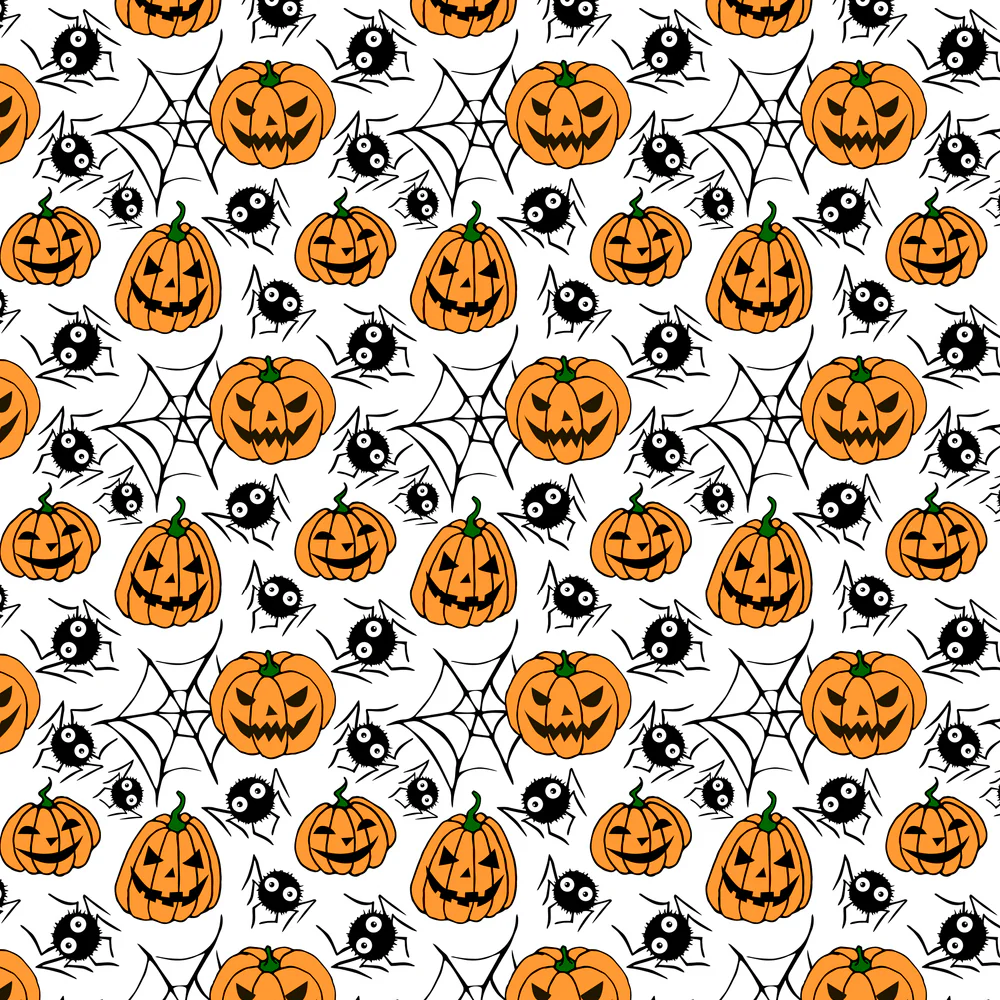 Spooky Pumpkin & Spider Fabric - White