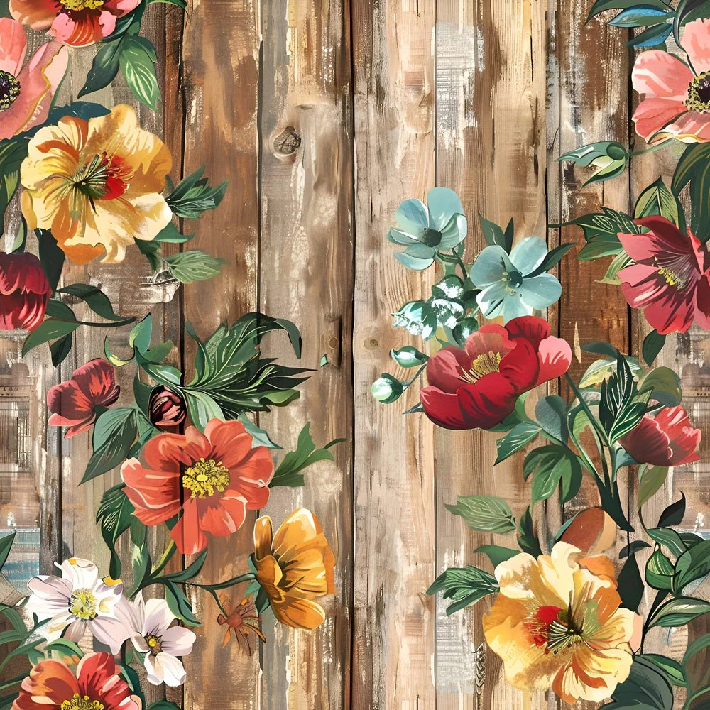Spring Floral on Wood Planks Pattern #9 Fabric