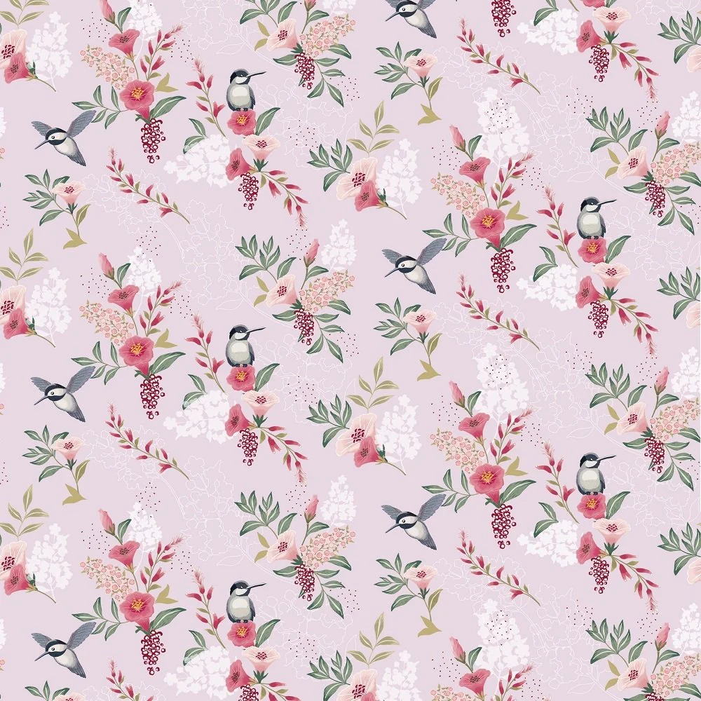 Spring Flowers & Birds Fabric - Pink