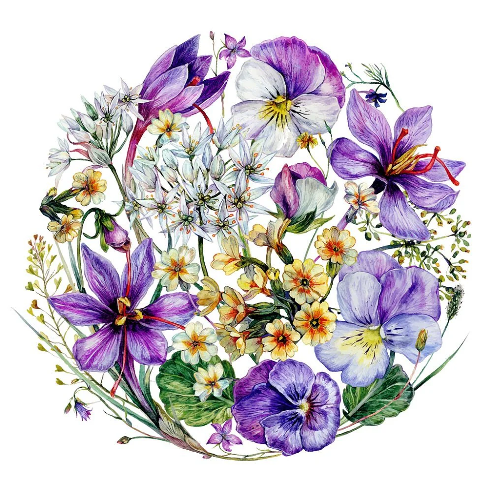 Spring Wildflower Circle Fabric Panel - White