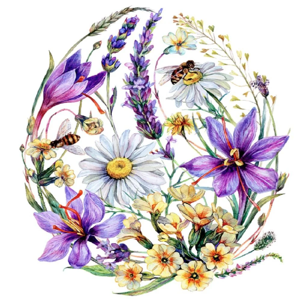 Spring Wildflower Easter Egg Fabric Panel - White