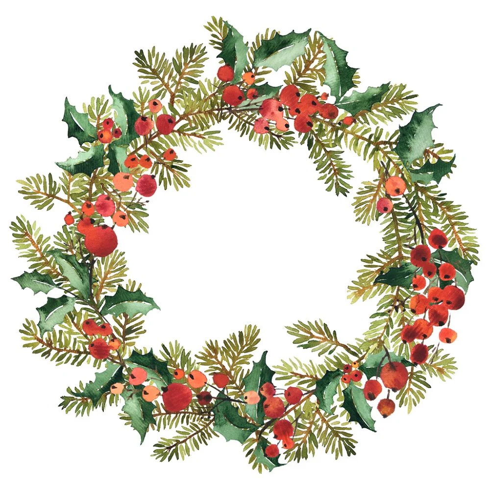Spruce & Holly Berry Wreath Fabric Panel - White