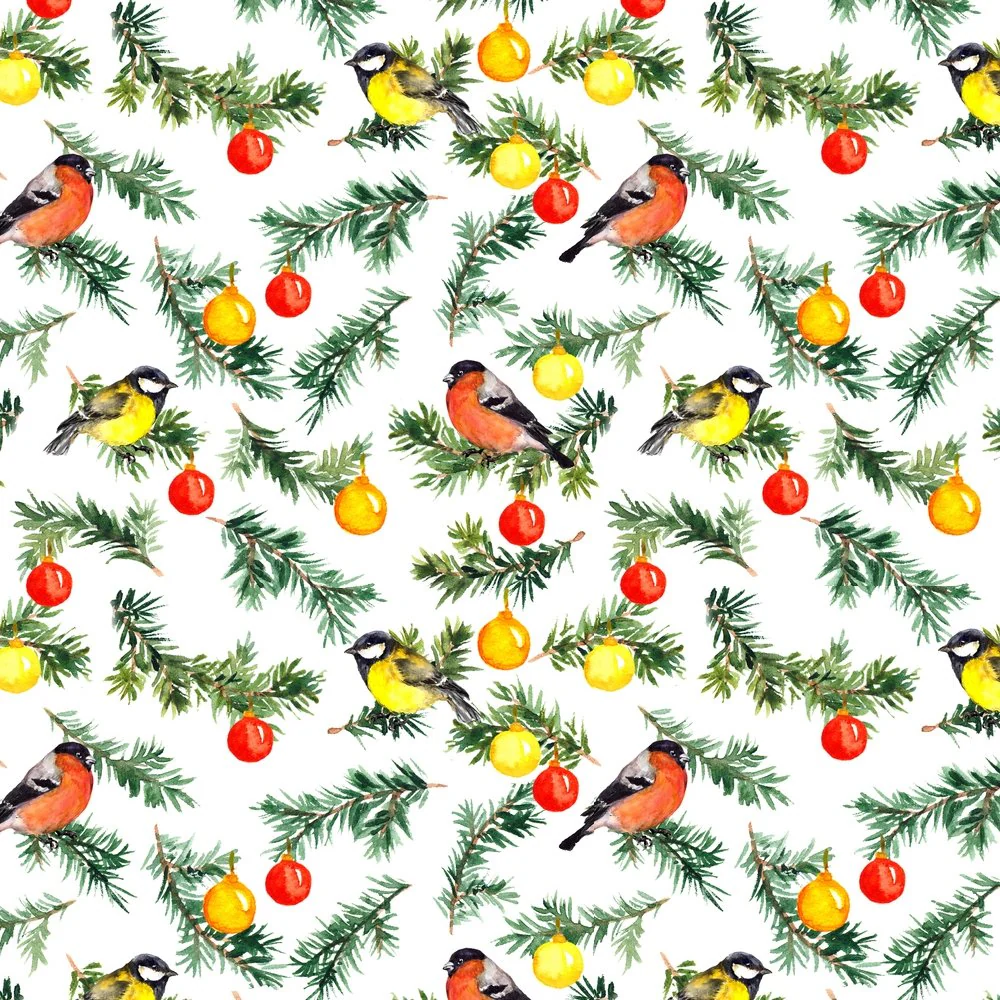 Spruce Tree & Birds Fabric - White