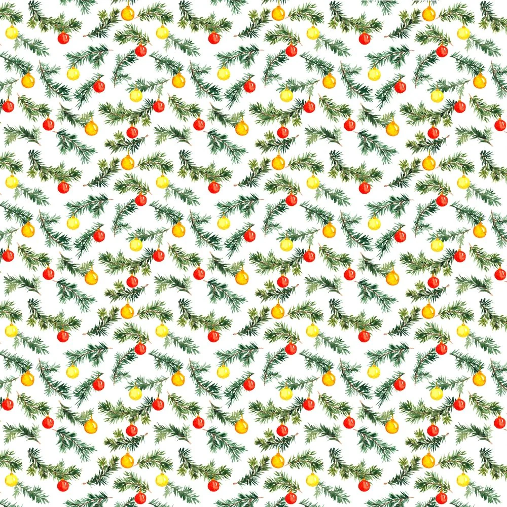 Spruce Tree Branches With Ornaments Fabric - White