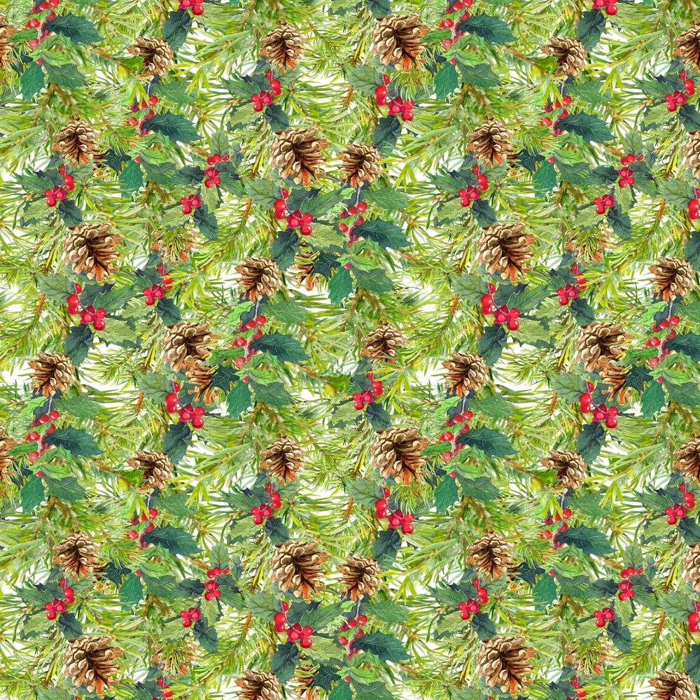 Spruce Tree, Pinecones, and Berries Fabric