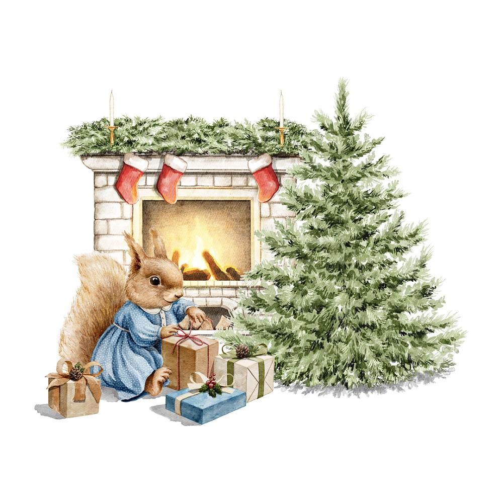 Squirrel With Fireplace Opening Presents Fabric Panel