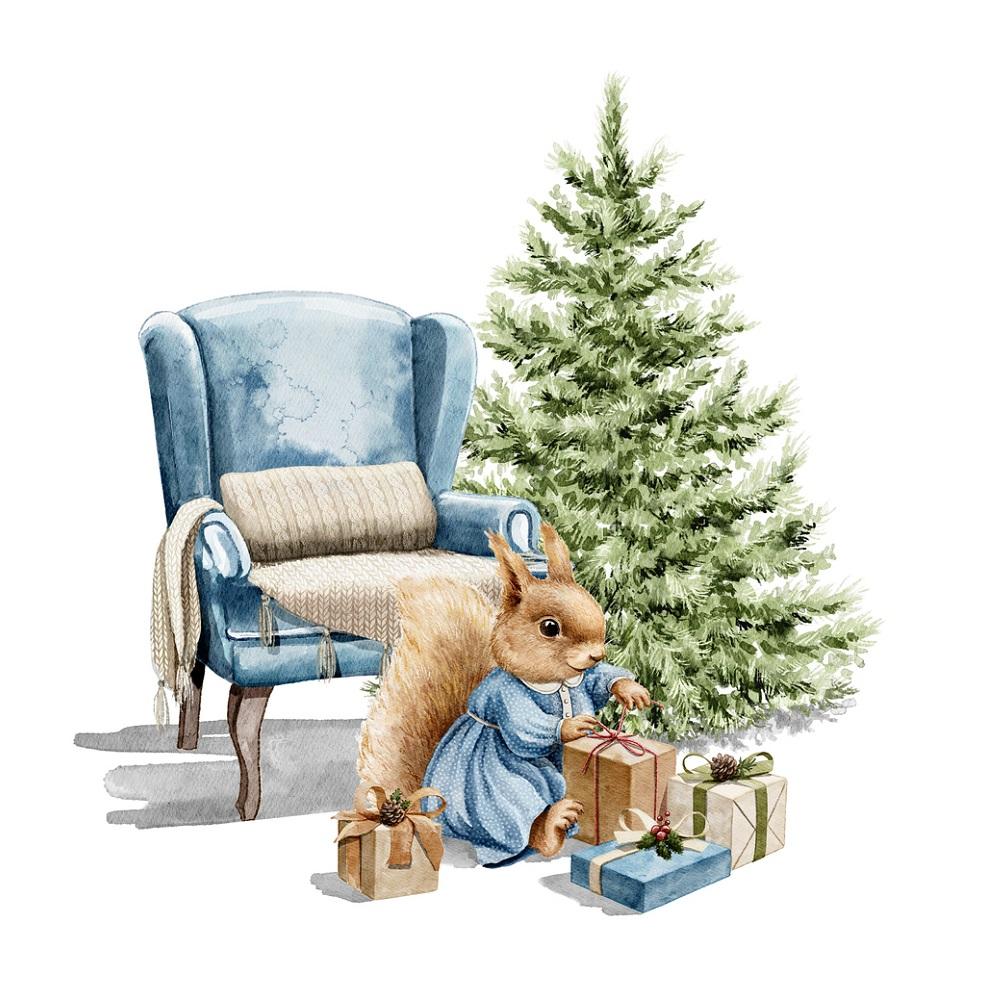 Squirrel With Tree & Armchair Opening Presents Fabric Panel