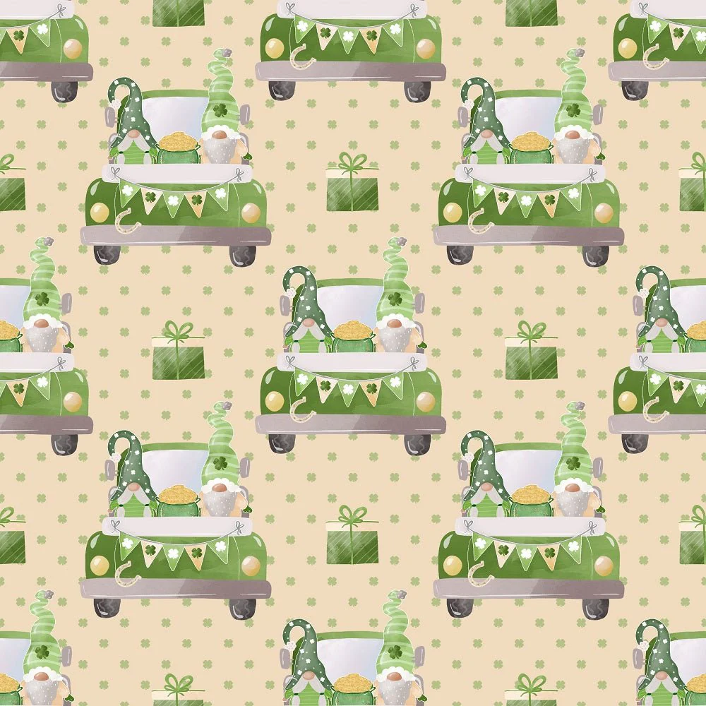 St Patrick's Day Gnomes Truck Fabric - Tan