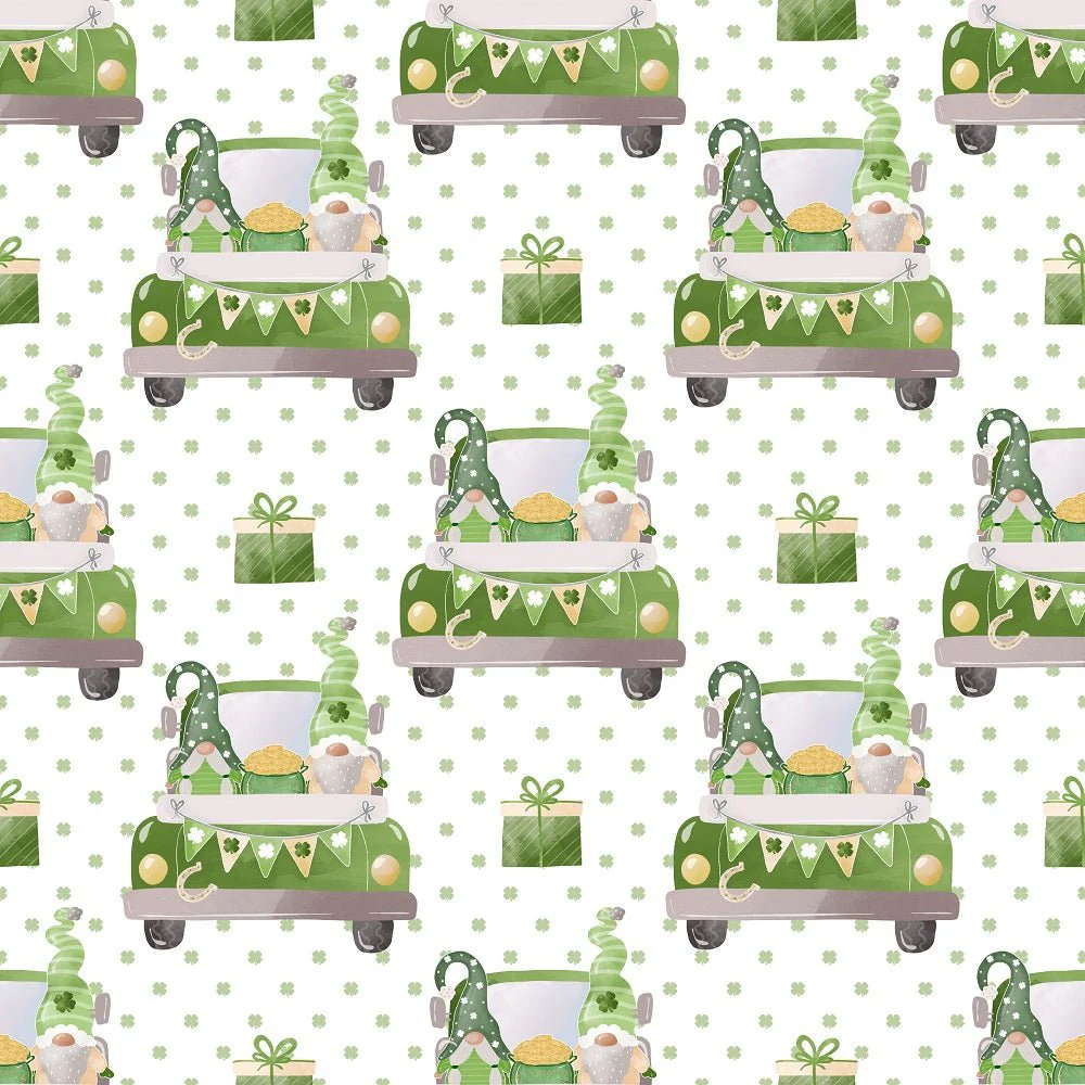 St Patrick's Day Gnomes Truck Fabric - White
