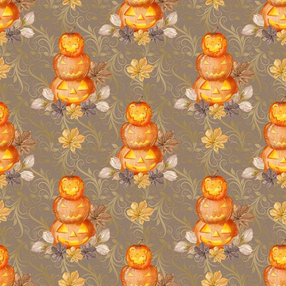 Stacked Jack-O-Lanterns on Vines Fabric - Brown