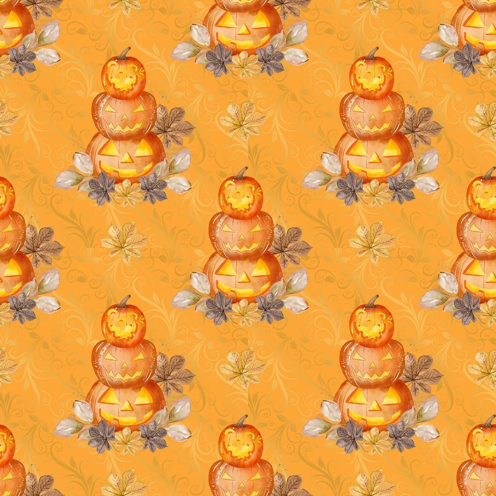 Stacked Jack-O-Lanterns on Vines Fabric - Orange