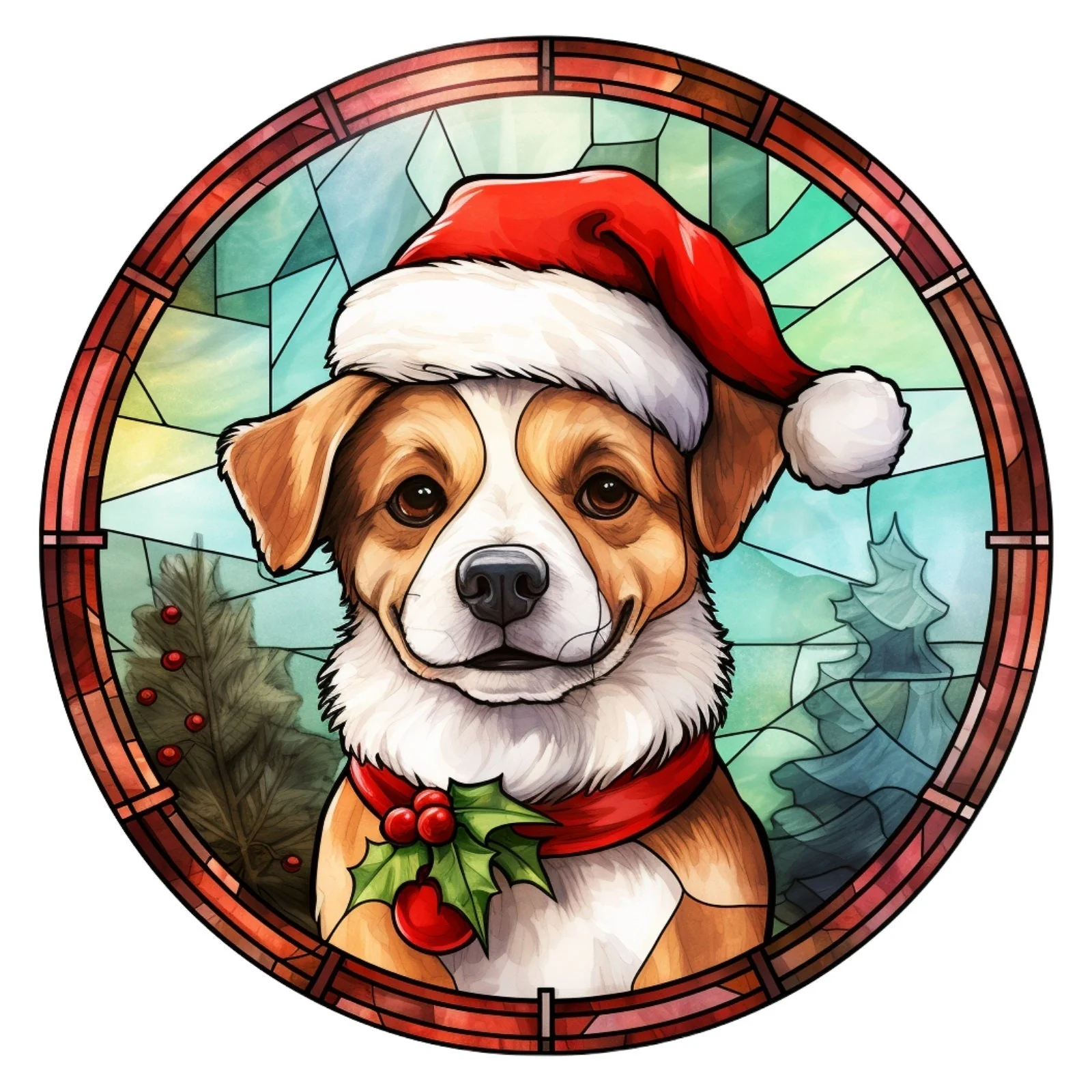 Stained Glass Christmas Beagle Fabric Panel