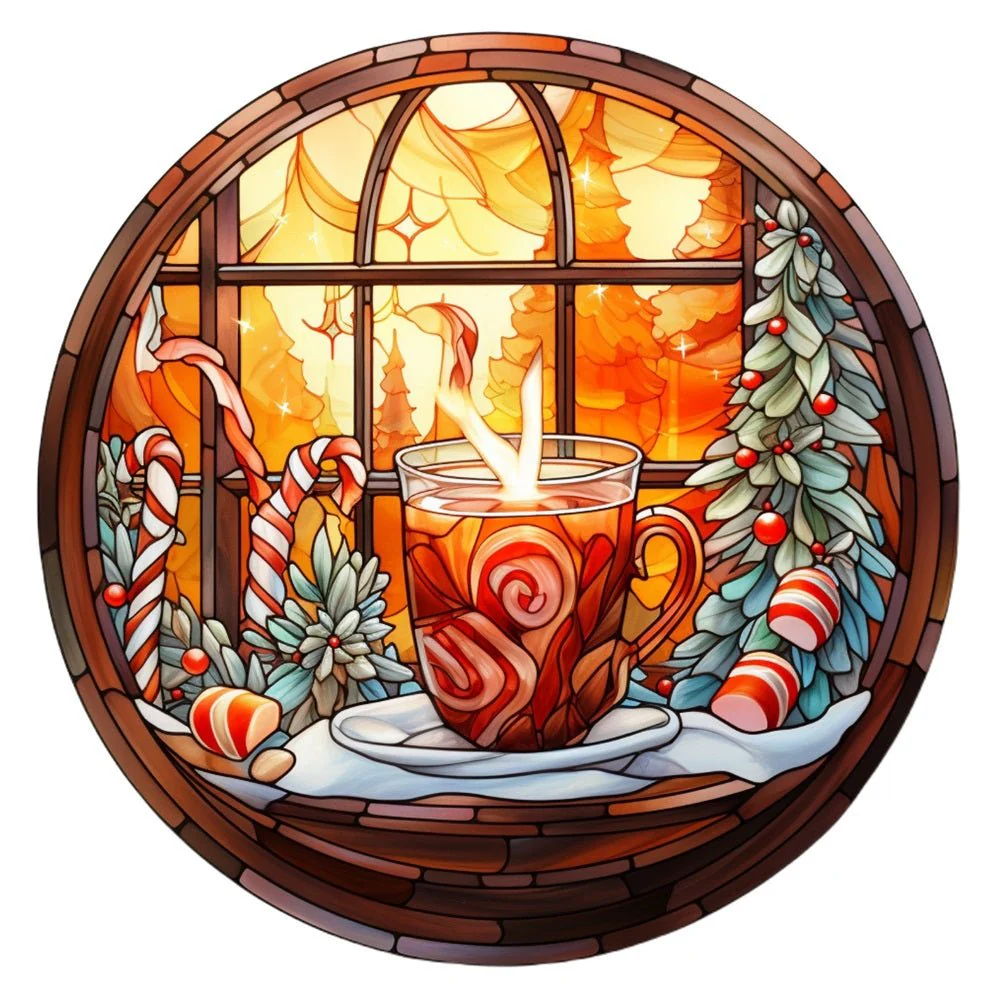 Stained Glass Peppermint Coffee Fabric Panel