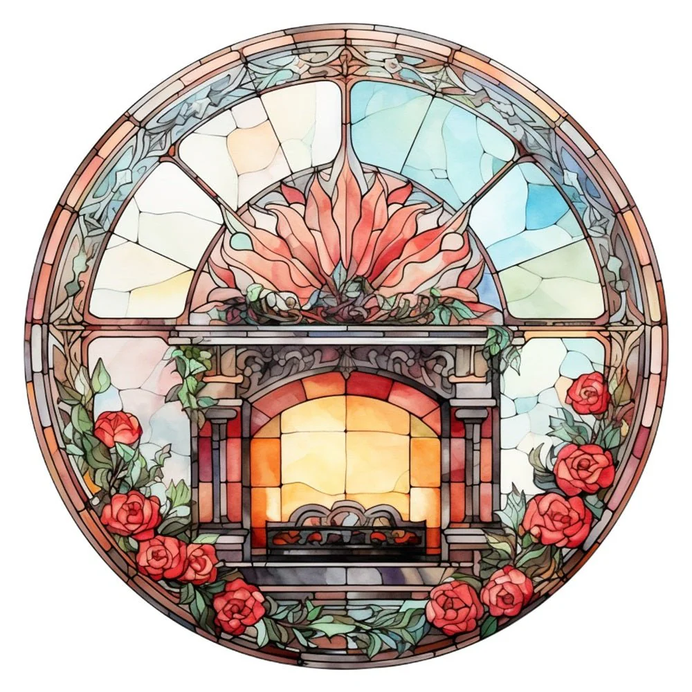 Stained Glass Red Fireplace Fabric Panel