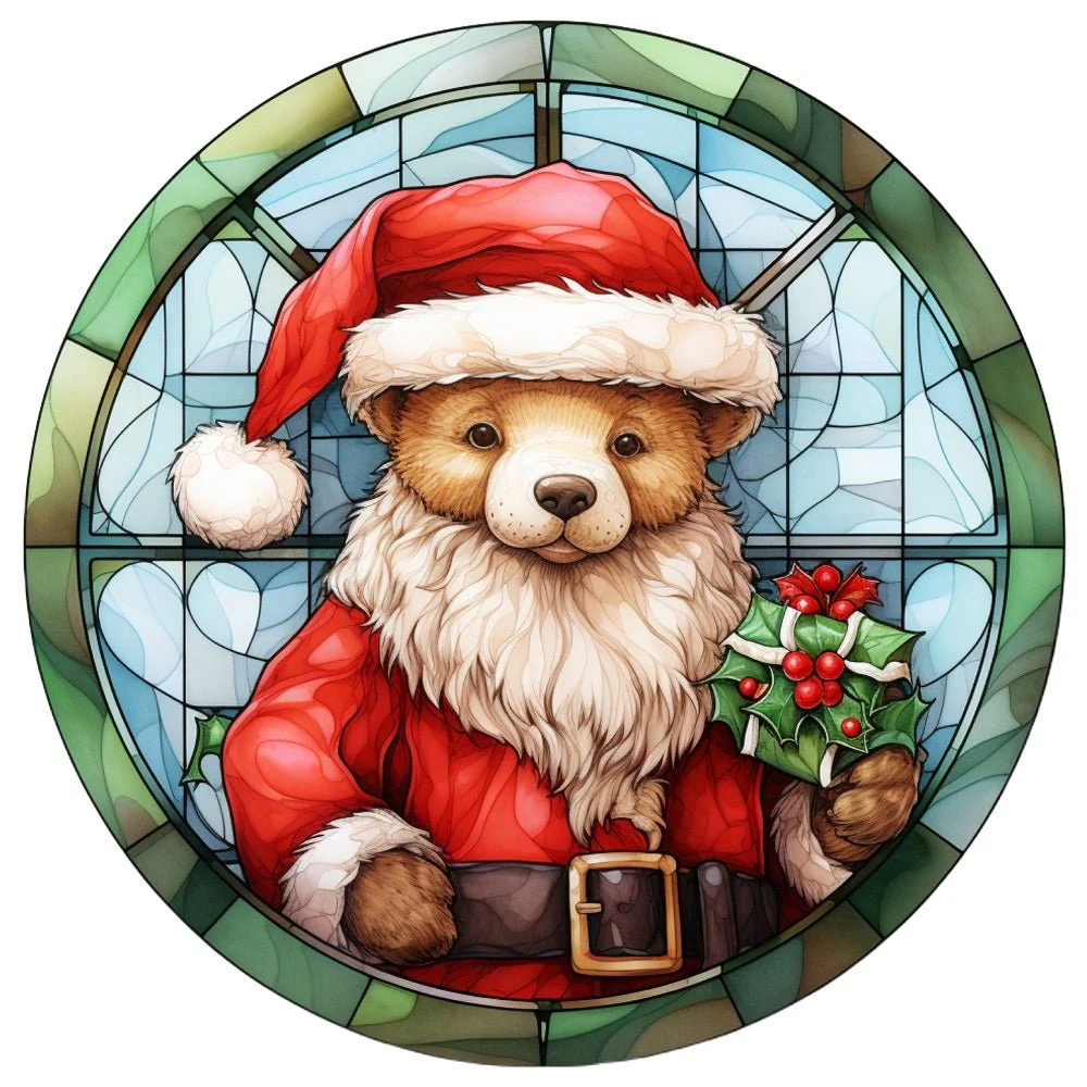 Stained Glass Santa Bear Fabric Panel