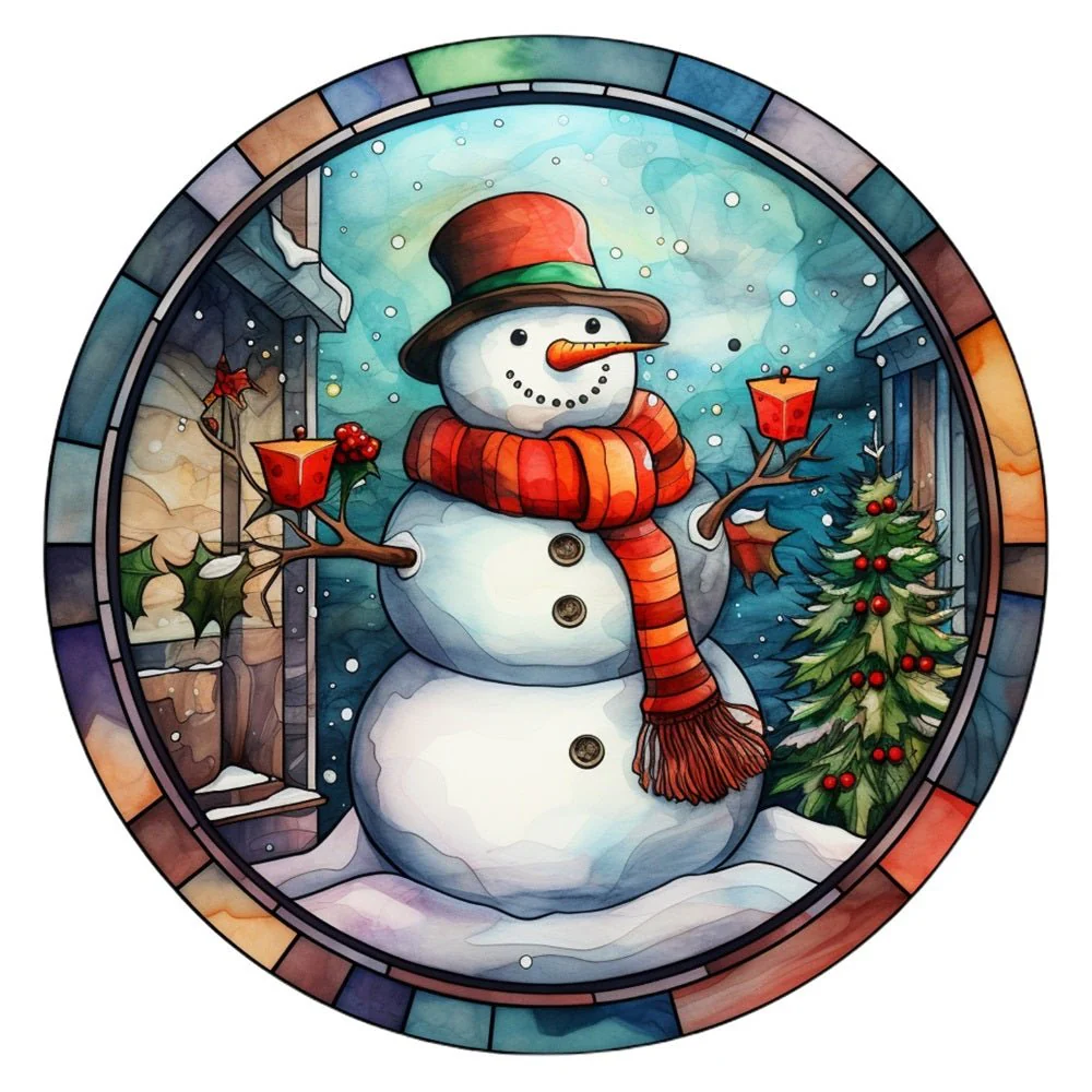 Stained Glass Snowman #2 Fabric Panel